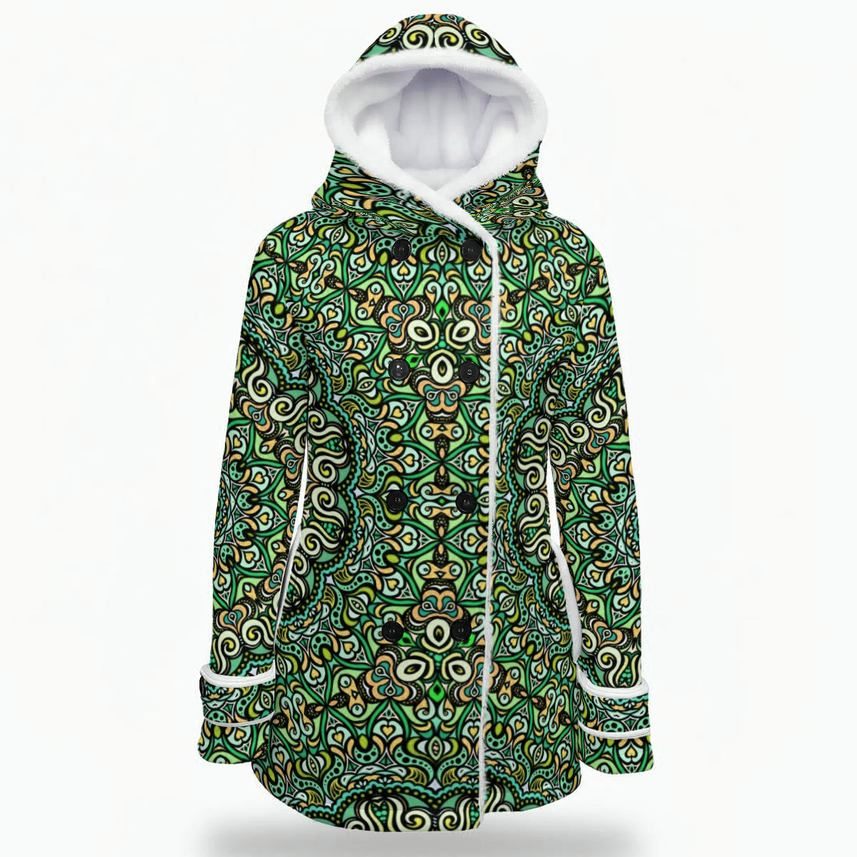 Green - Yellow - Turquoise Fuzzy Fleece Hooded Coat