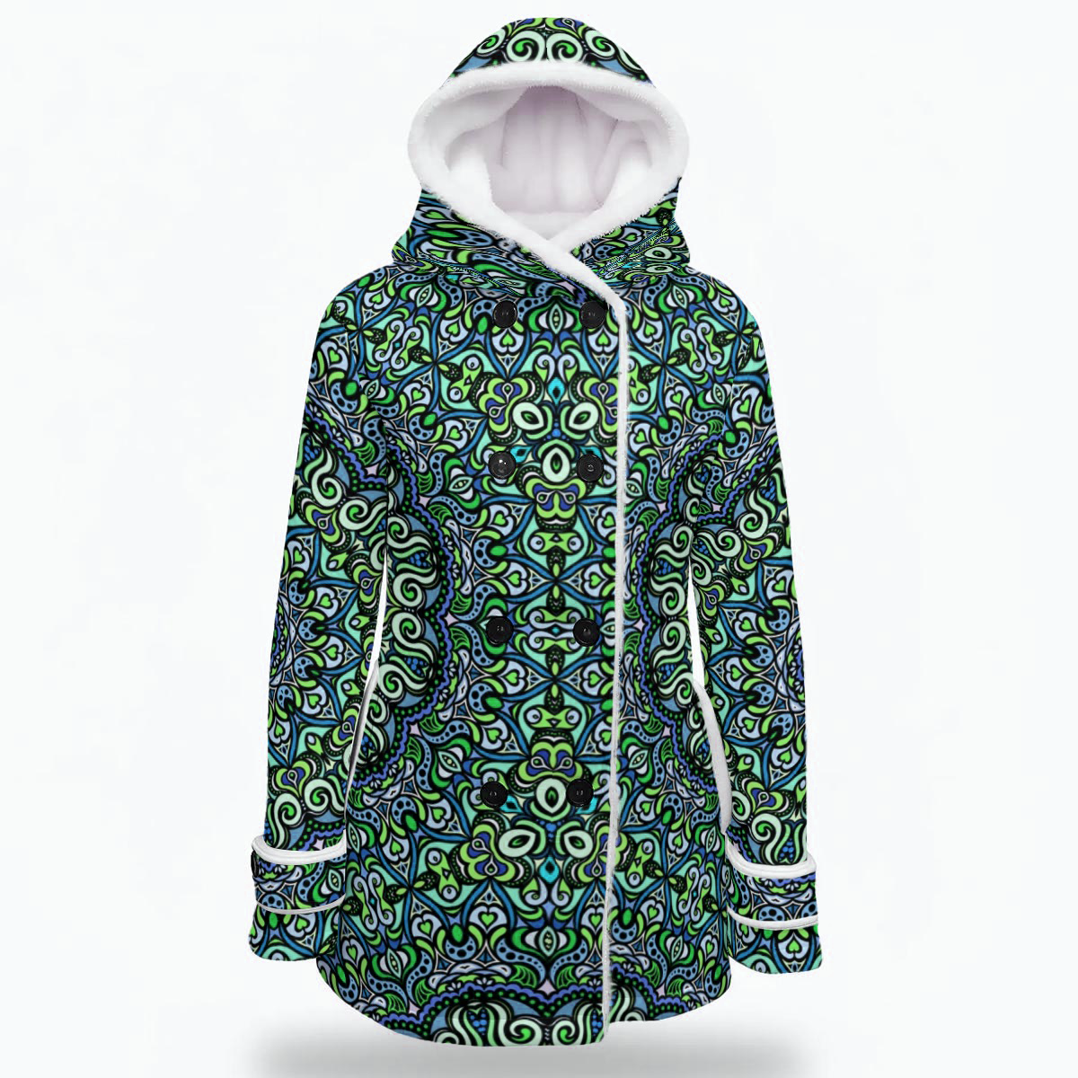 Green - Turquoise - Blue Fuzzy Fleece Hooded Coat