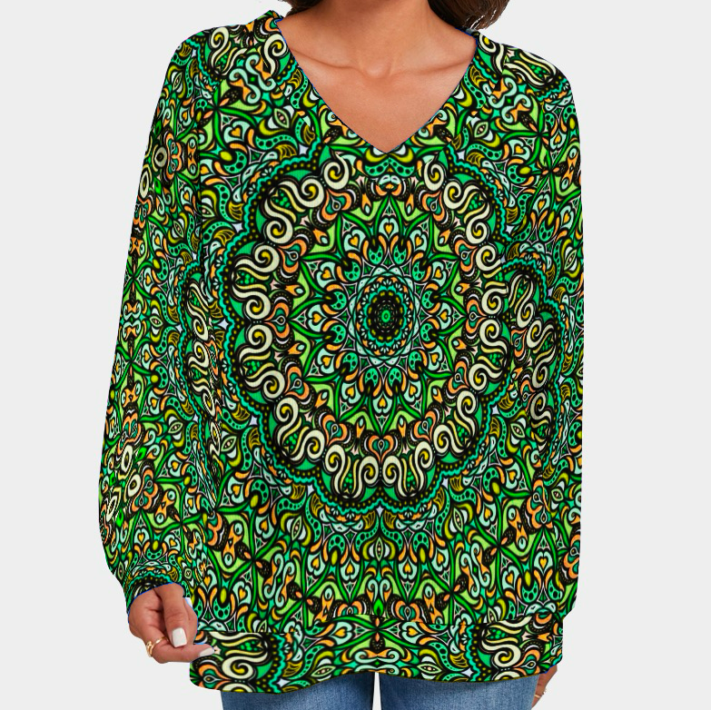 Green - Turquoise - Yellow V-Neck Sweater