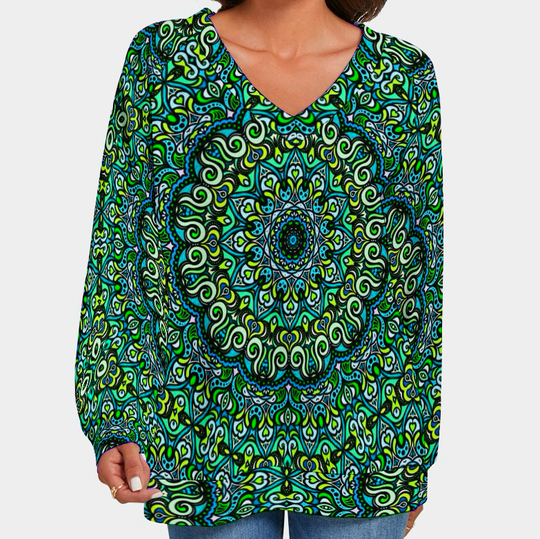 Green - Turquoise - Blue V-Neck Sweater