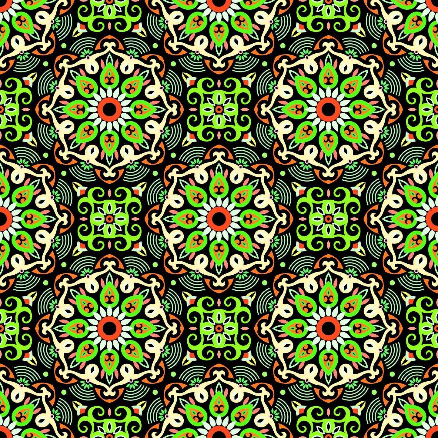 Green - Orange Mandala Fabric - 140
