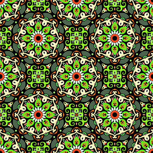 Green - Orange Mandala Fabric - 140