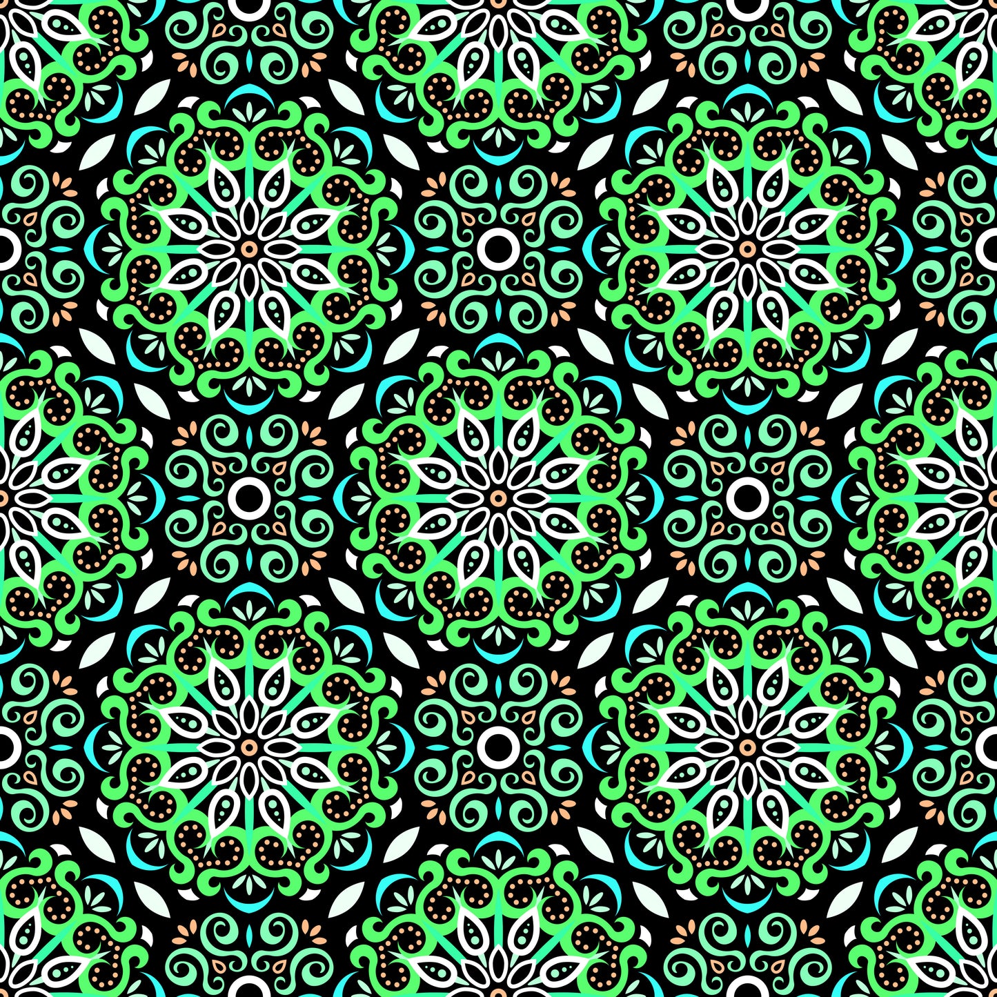 Green - Turquoise - Orange Mandala Fabric - 165