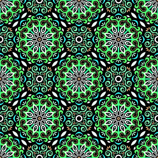 Green - Turquoise - Orange Mandala Fabric - 165