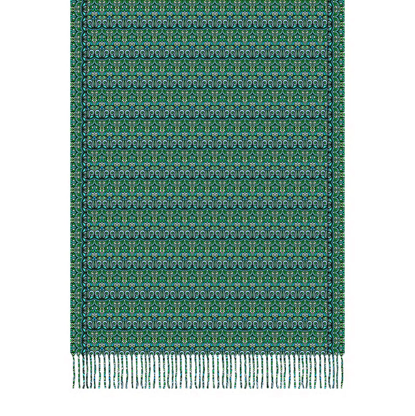 Turquoise - Green - Blue Abstract Doodle Scarf with Tassels