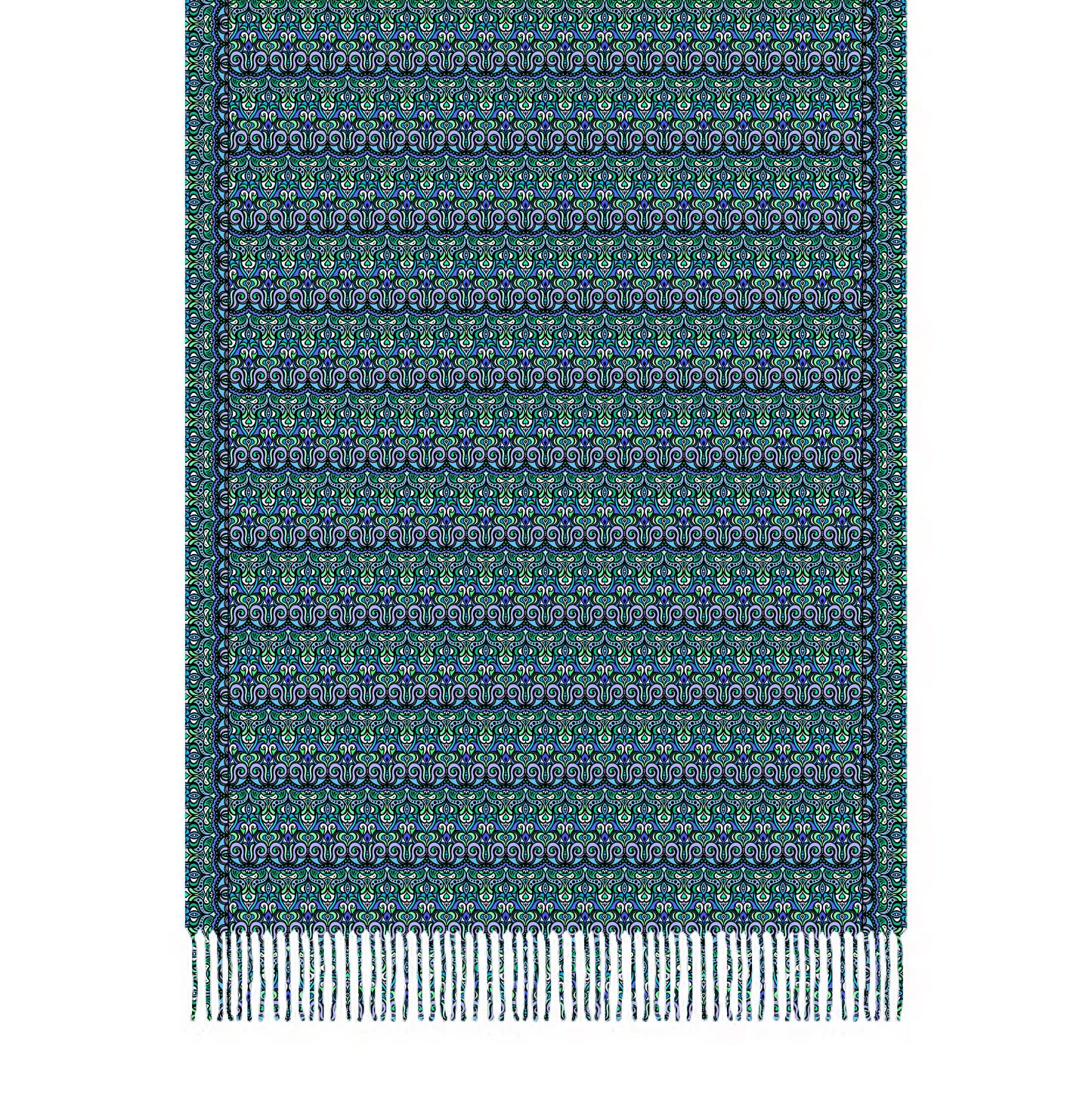 Turquoise - Green - Blue Abstract Doodle Scarf with Tassels