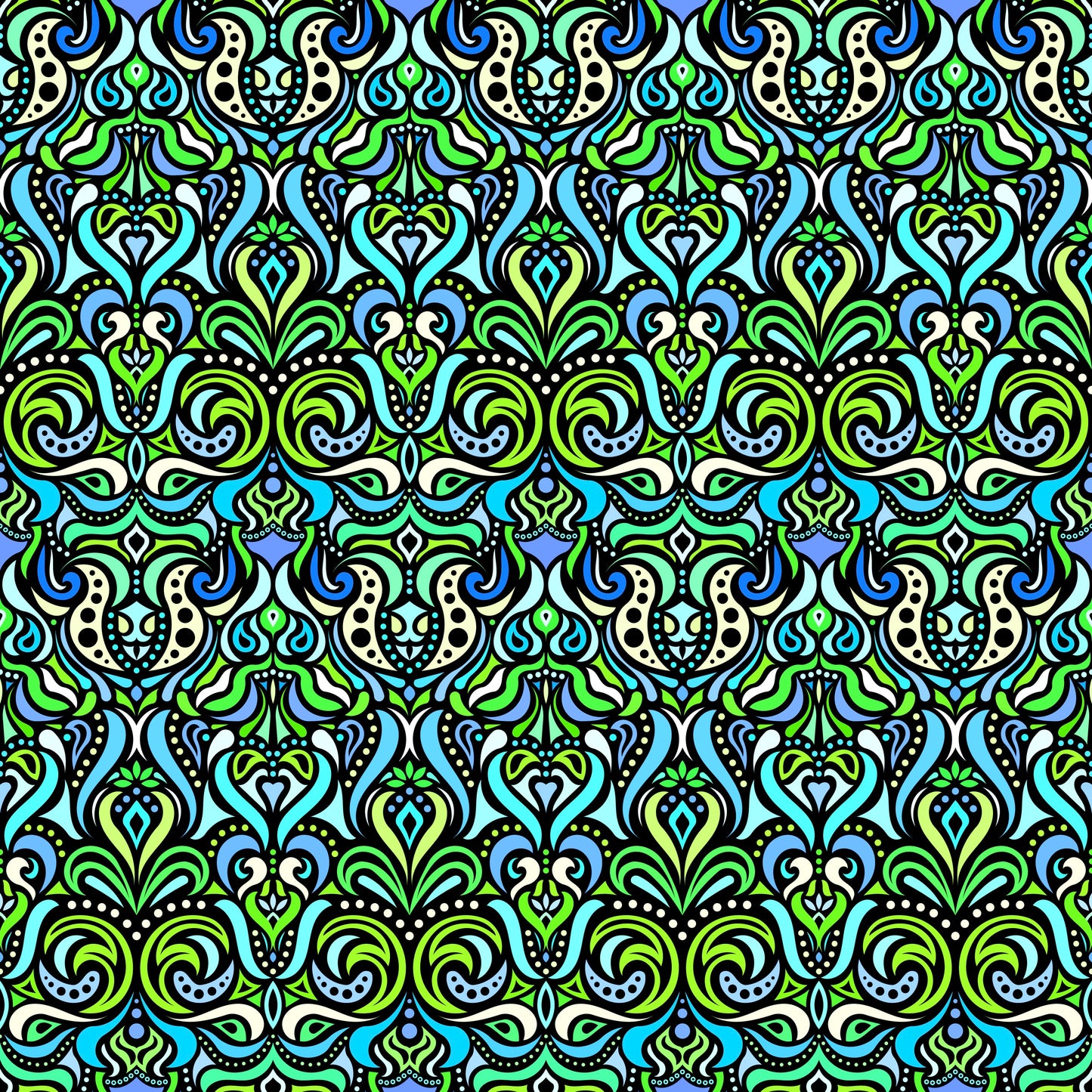 Green - Blue - Turquoise Abstract Doodle Fabric 1011.4