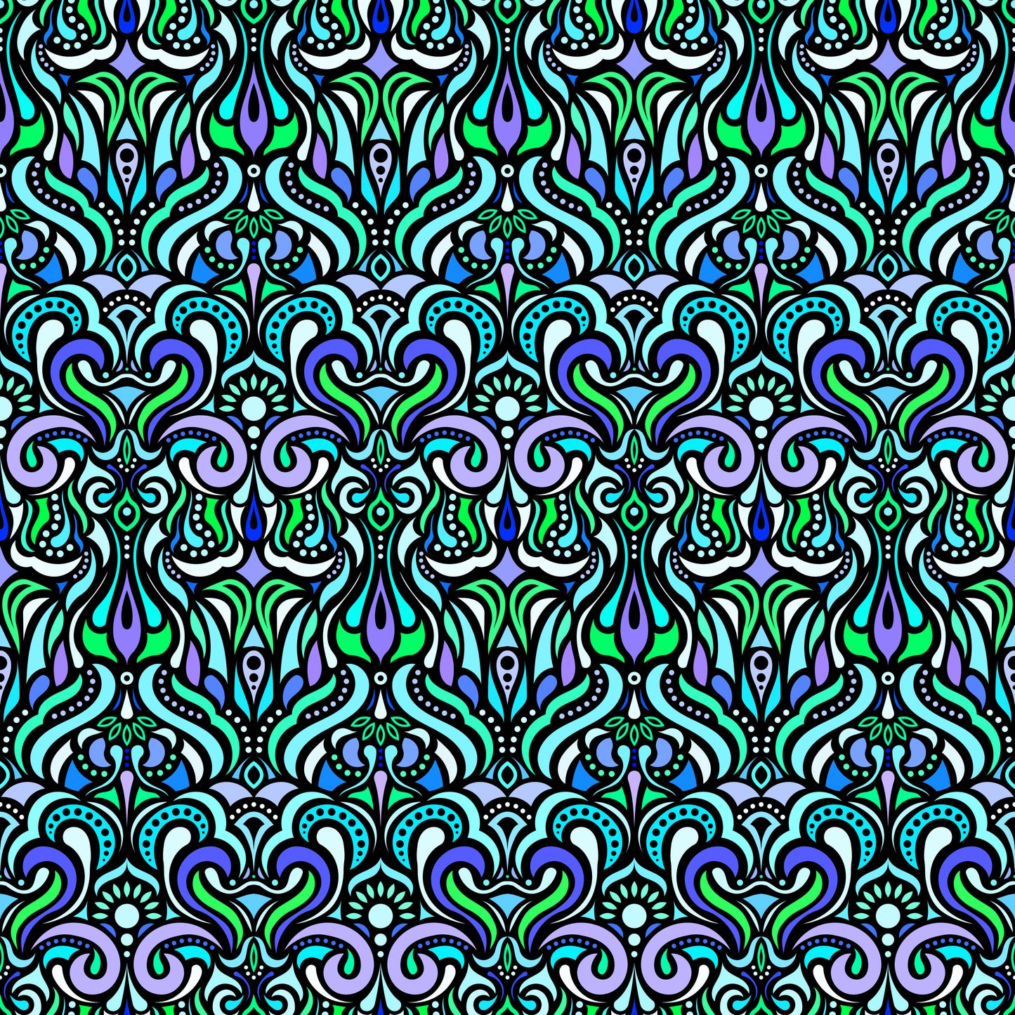 Turquoise - Green - Blue Abstract Doodle Fabric 1012