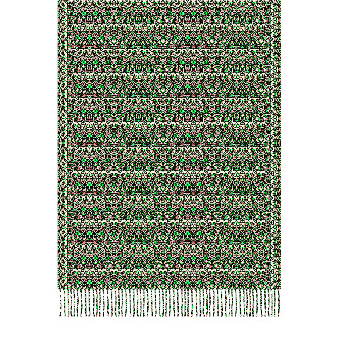 Green - Orange Abstract Doodle Scarf with Tassels