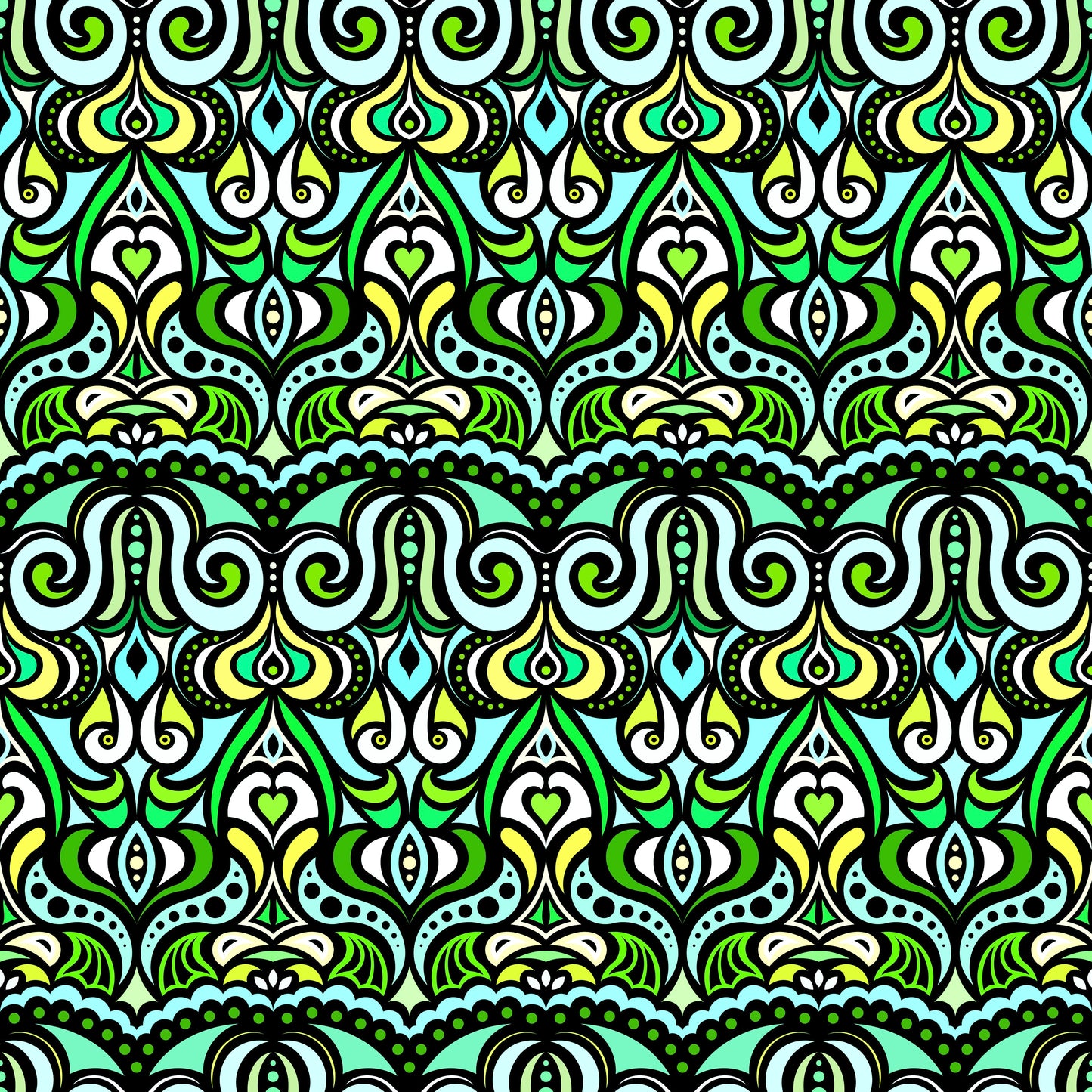 Green - Turquoise - Yellow Abstract Doodle Fabric 1010.2