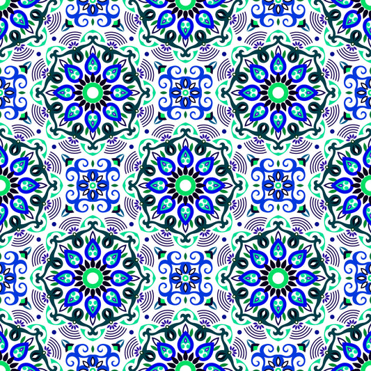Turquoise - Blue - Green Mandala Fabric - 140i