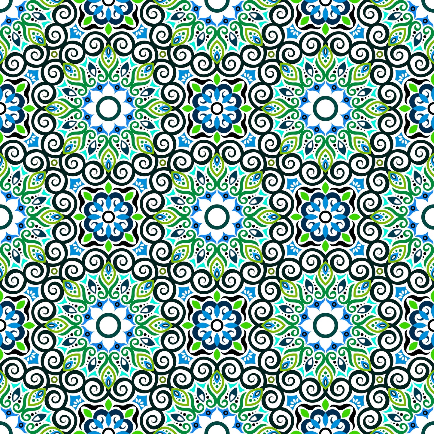 Green - Turquoise - Blue Mandala Fabric - 125i