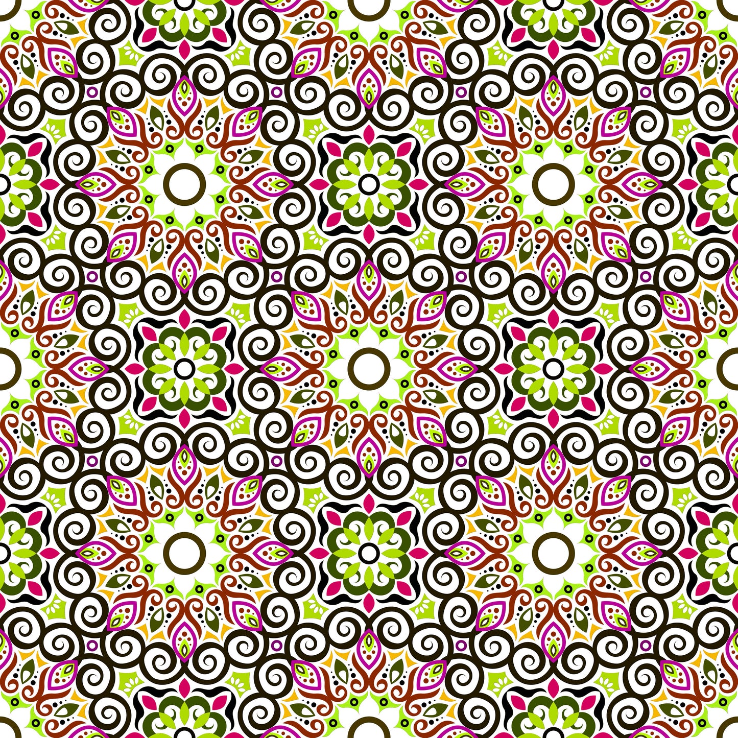 Green - Pink - Brown Mandala Fabric - 125i