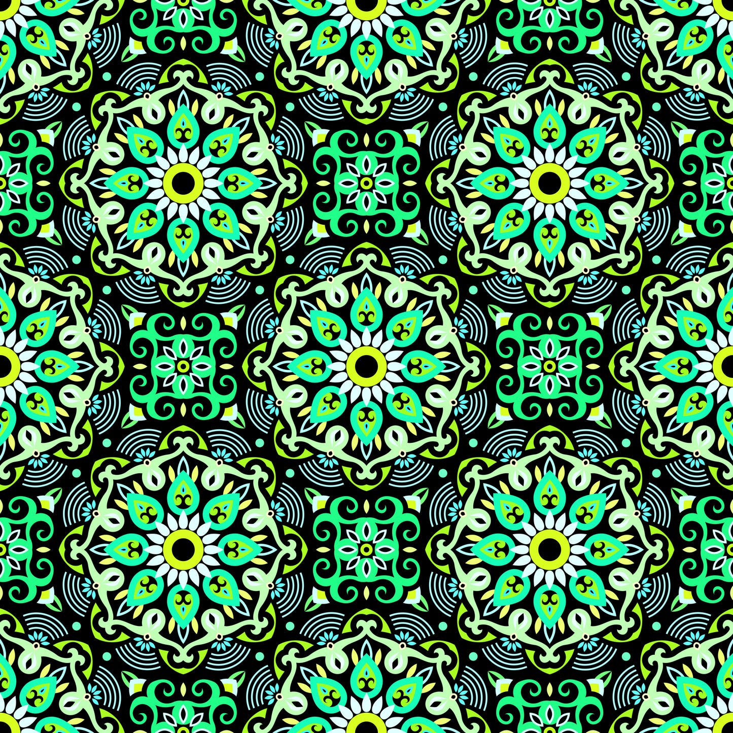 Turquoise - Green - Yellow Mandala Fabric - 140