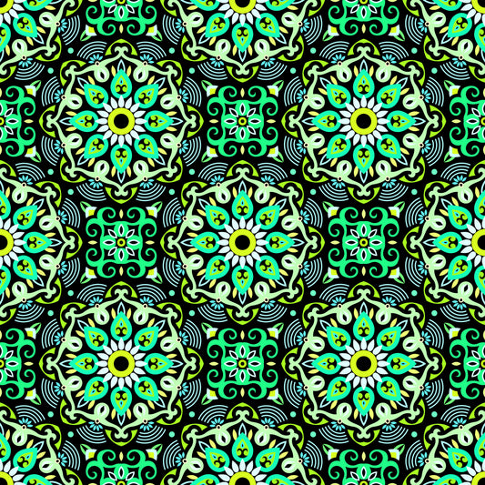 Turquoise - Green - Yellow Mandala Fabric - 140