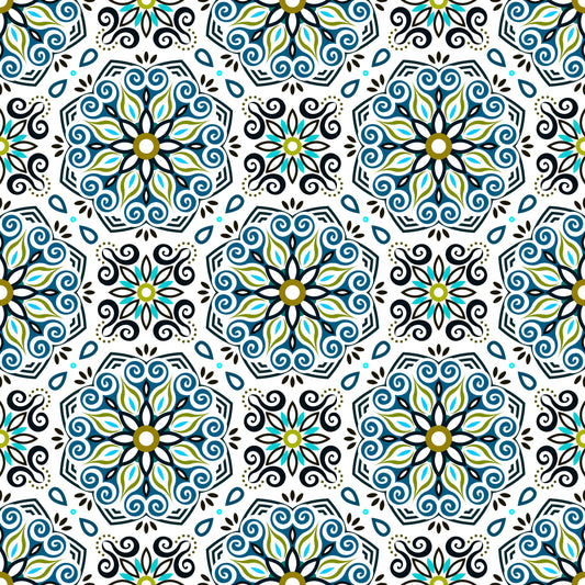 Blue - Green - Turquoise Mandala Fabric - 203i