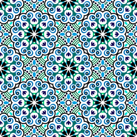 Turquoise - Blue - Green Mandala Fabric - 132i