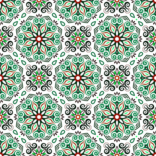 Green - Red Mandala Fabric - 203i
