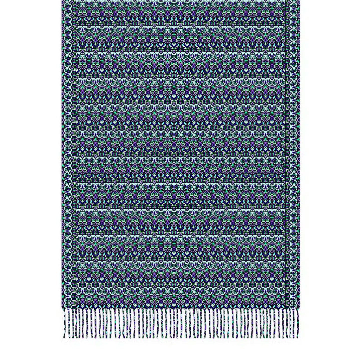 Turquoise - Purple - Blue Abstract Doodle Scarf with Tassels