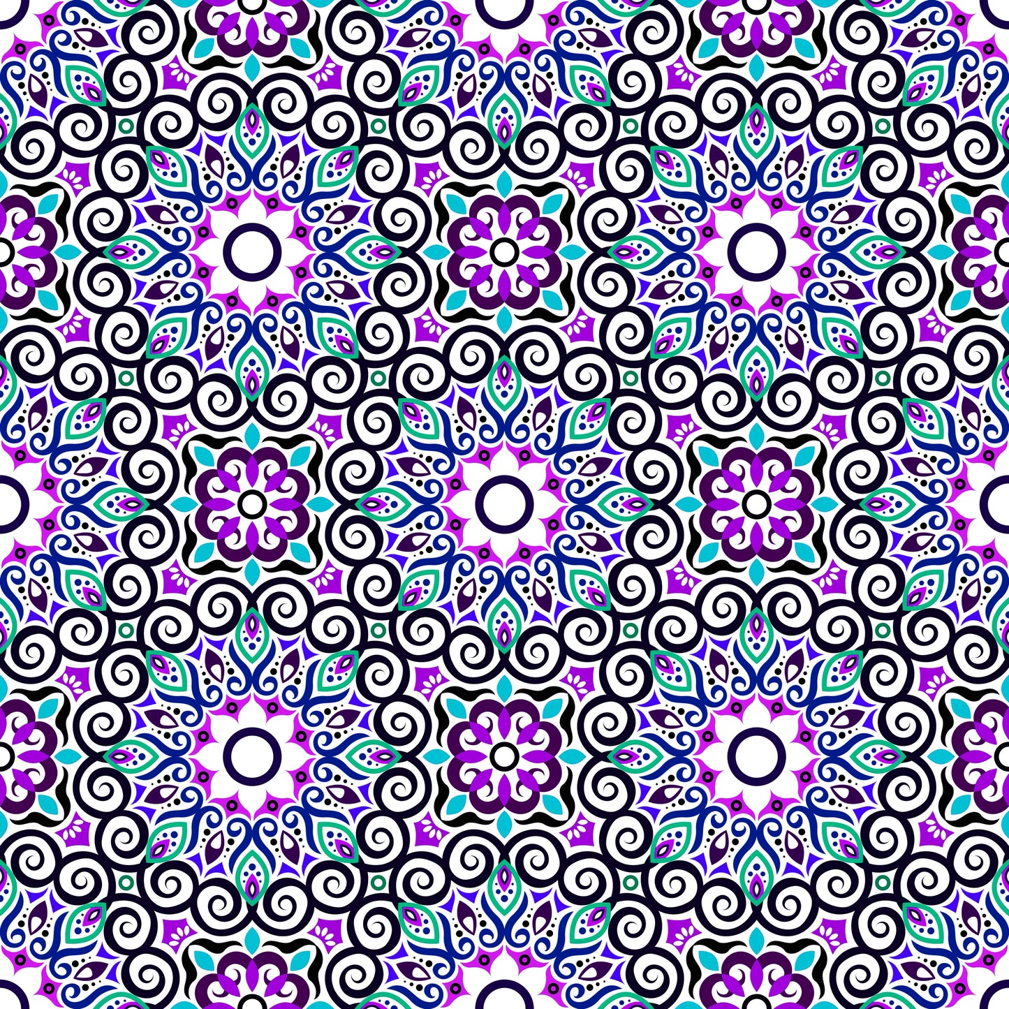 Purple - Turquoise - Blue Mandala Fabric - 125i