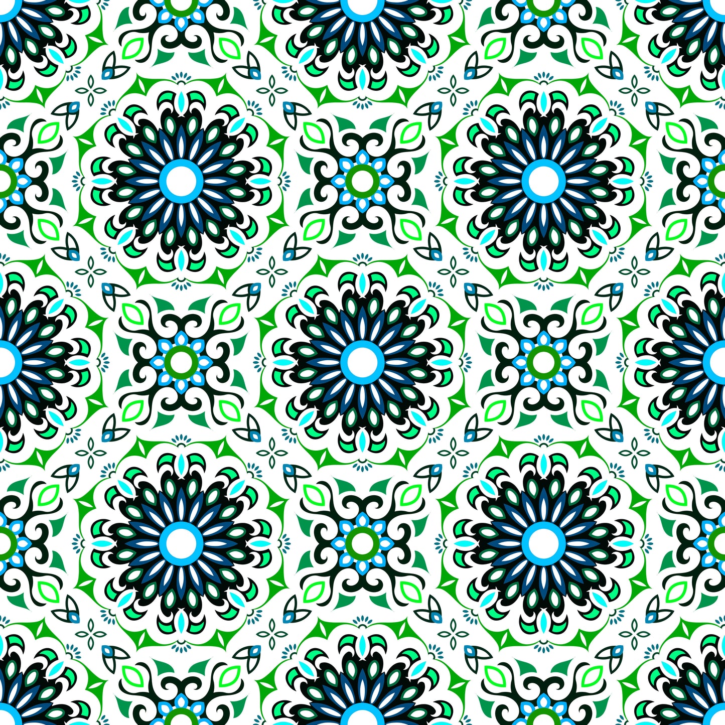Green - Turquoise Mandala Fabric - 198i