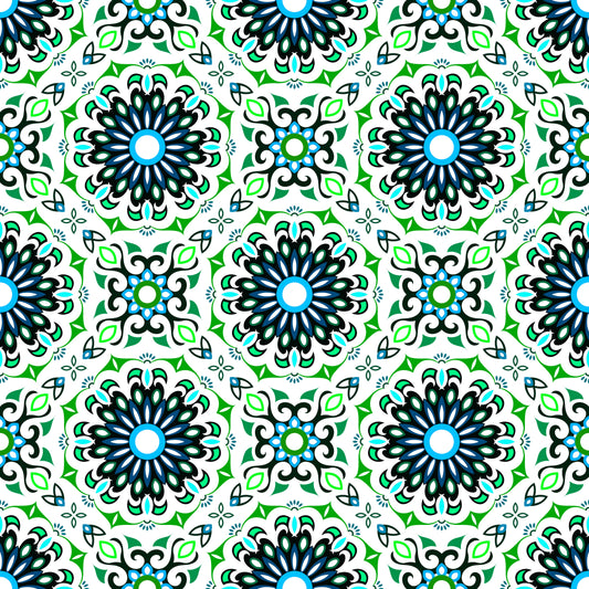 Green - Turquoise Mandala Fabric - 198i