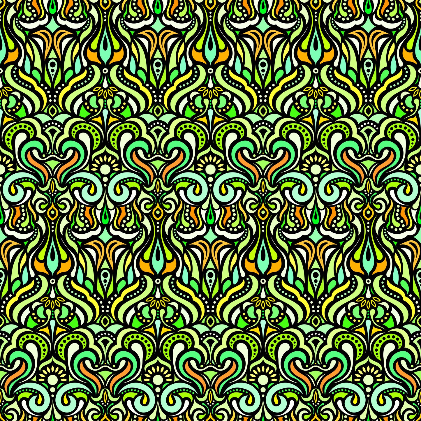 Green - Yellow - Turquoise Abstract Doodle Fabric 1012