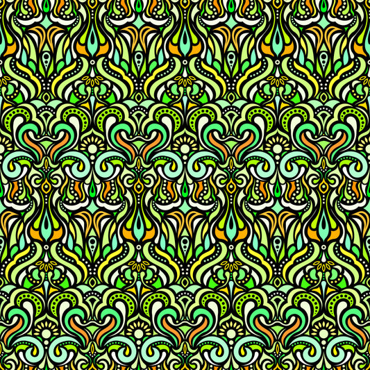 Green - Yellow - Turquoise Abstract Doodle Fabric 1012