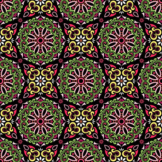 Green - Red - Yellow Mandala Fabric - 166