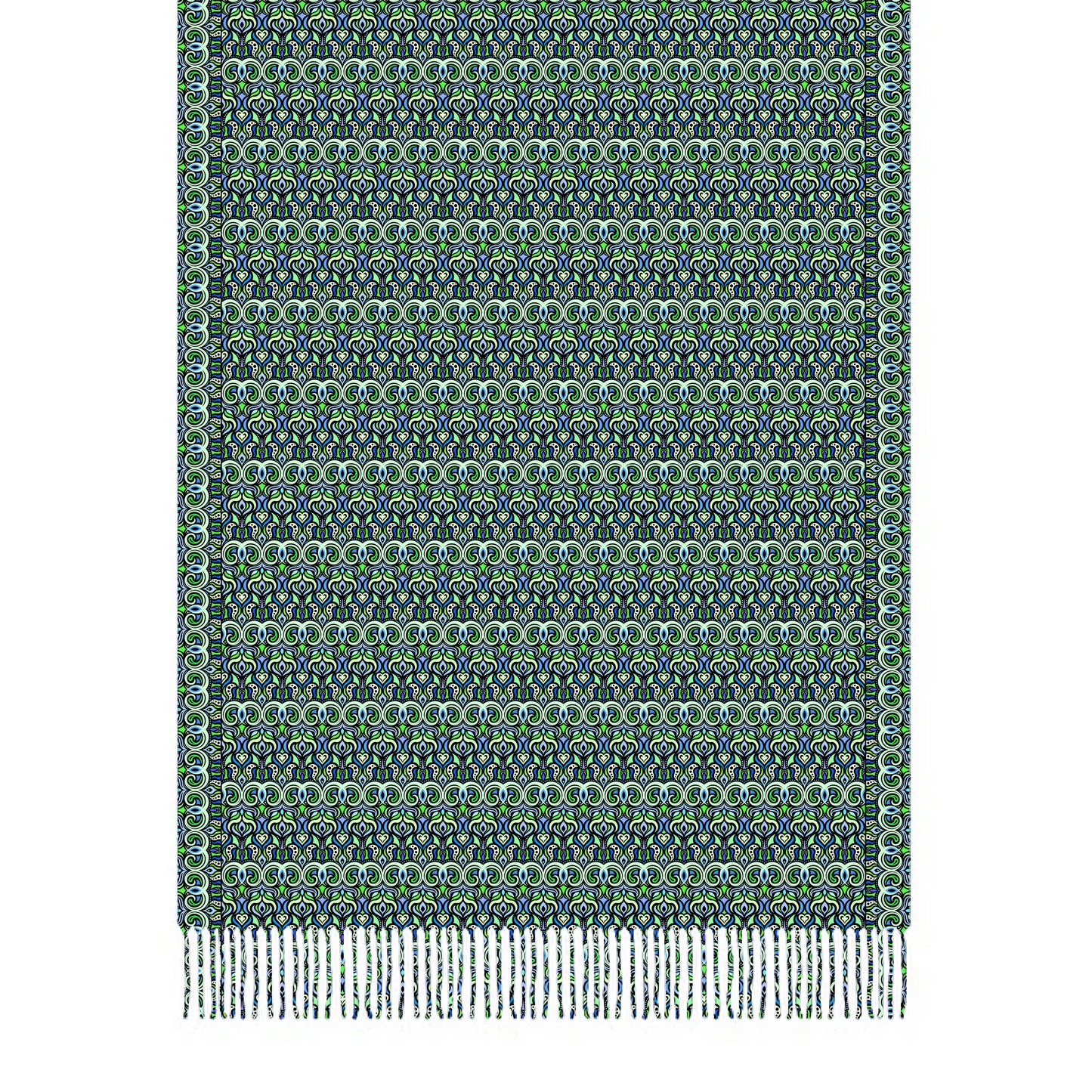 Green - Turquoise - Blue Abstract Doodle Scarf with Tassels