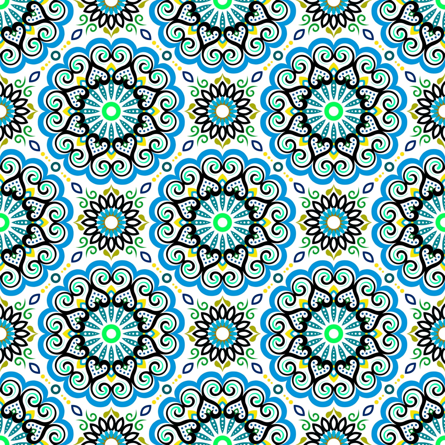 Blue - Turquoise - Yellow Mandala Fabric - 179i