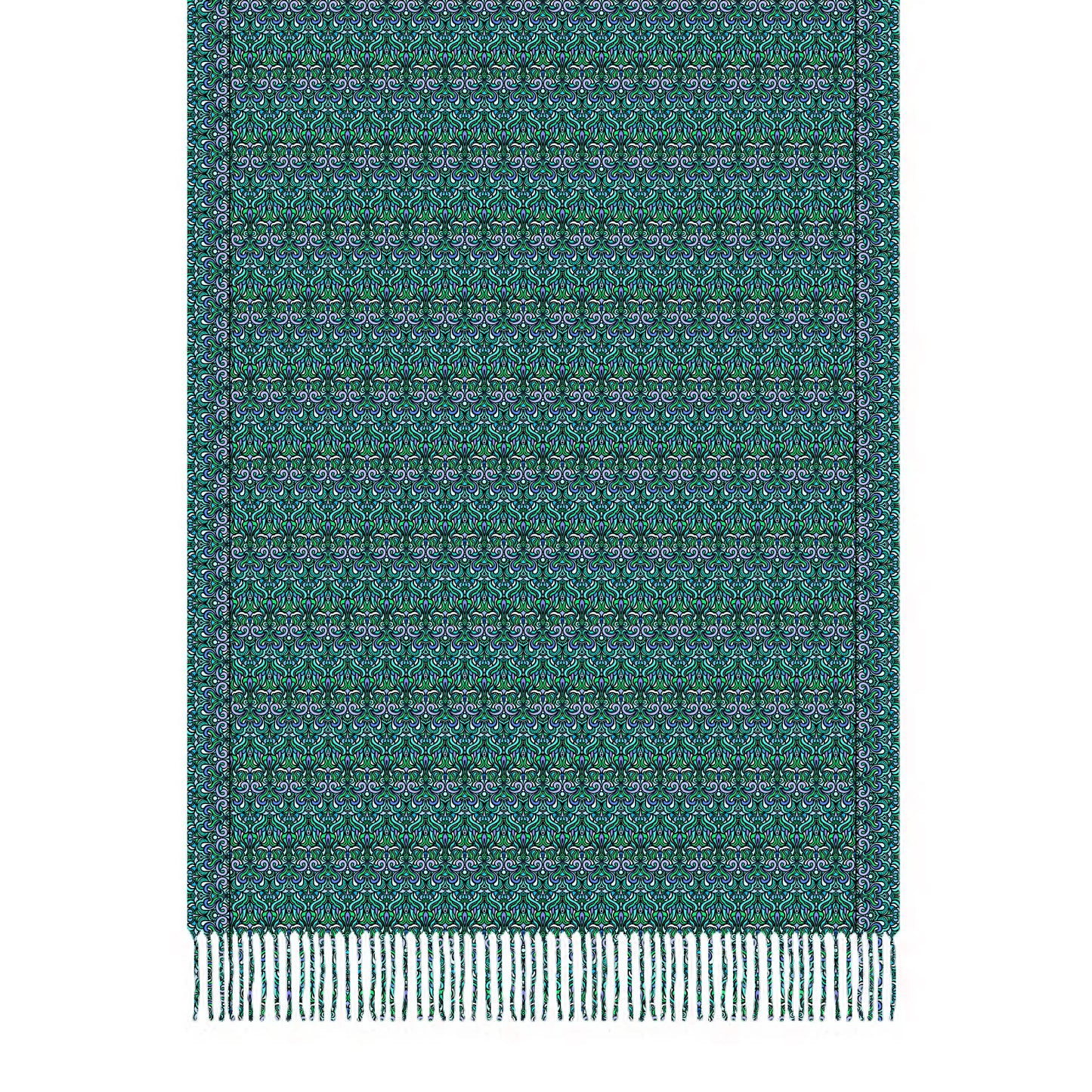 Turquoise - Blue - Green Abstract Doodle Scarf with Tassels