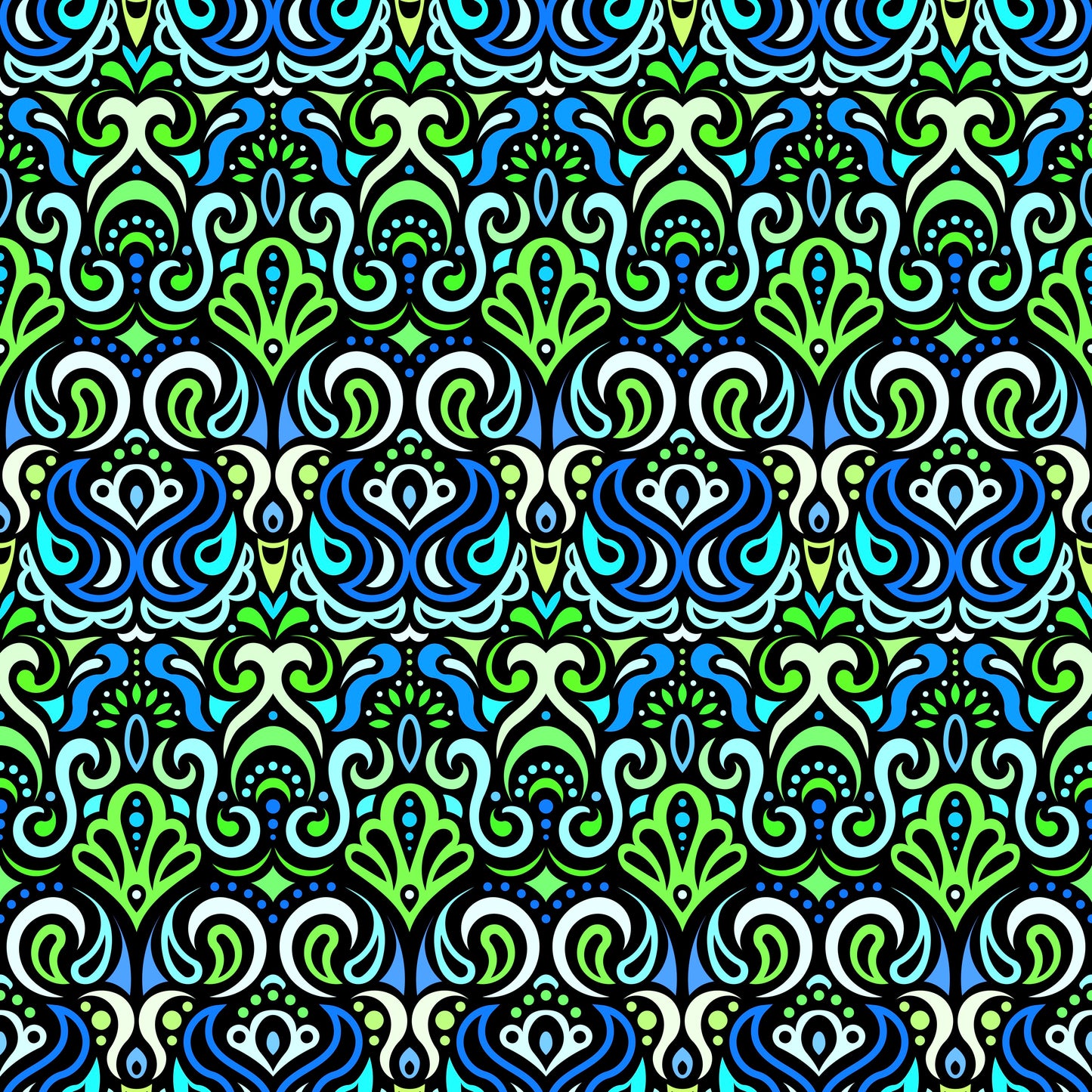 Green - Turquoise - Blue Abstract Doodle Fabric 1002