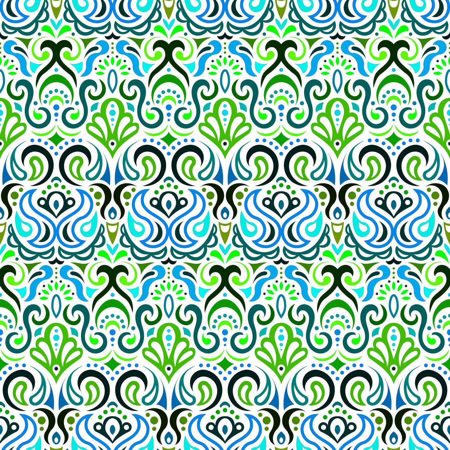 Green - Blue - Turquoise Abstract Doodle Fabric 1002i