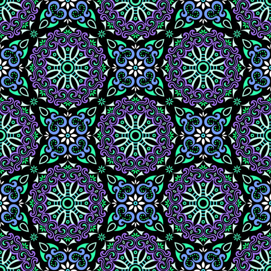 Turquoise - Purple - Blue Mandala Fabric - 166