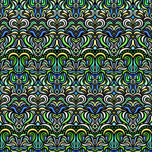 Turquoise - Green - Yellow - Blue Abstract Doodle Fabric 1013.2