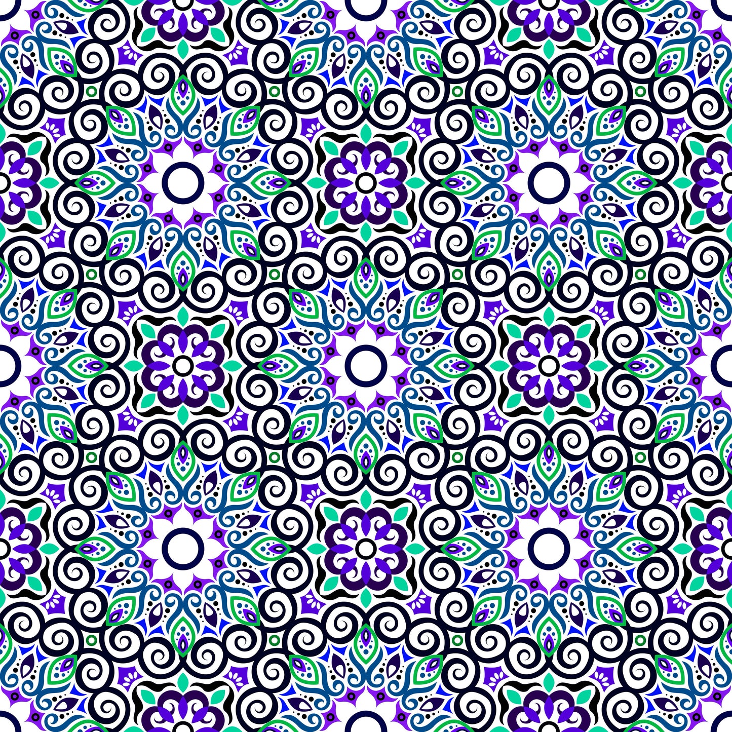 Turquoise - Purple - Blue Mandala Fabric - 125i