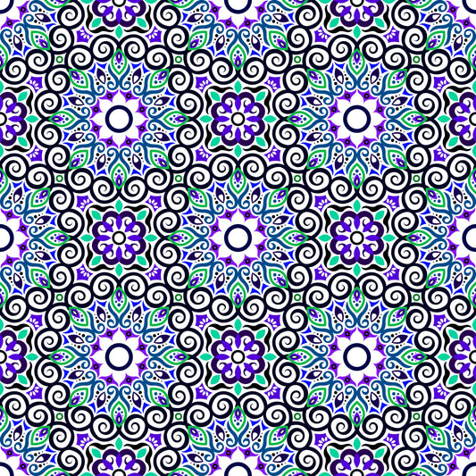 Turquoise - Purple - Blue Mandala Fabric - 125i