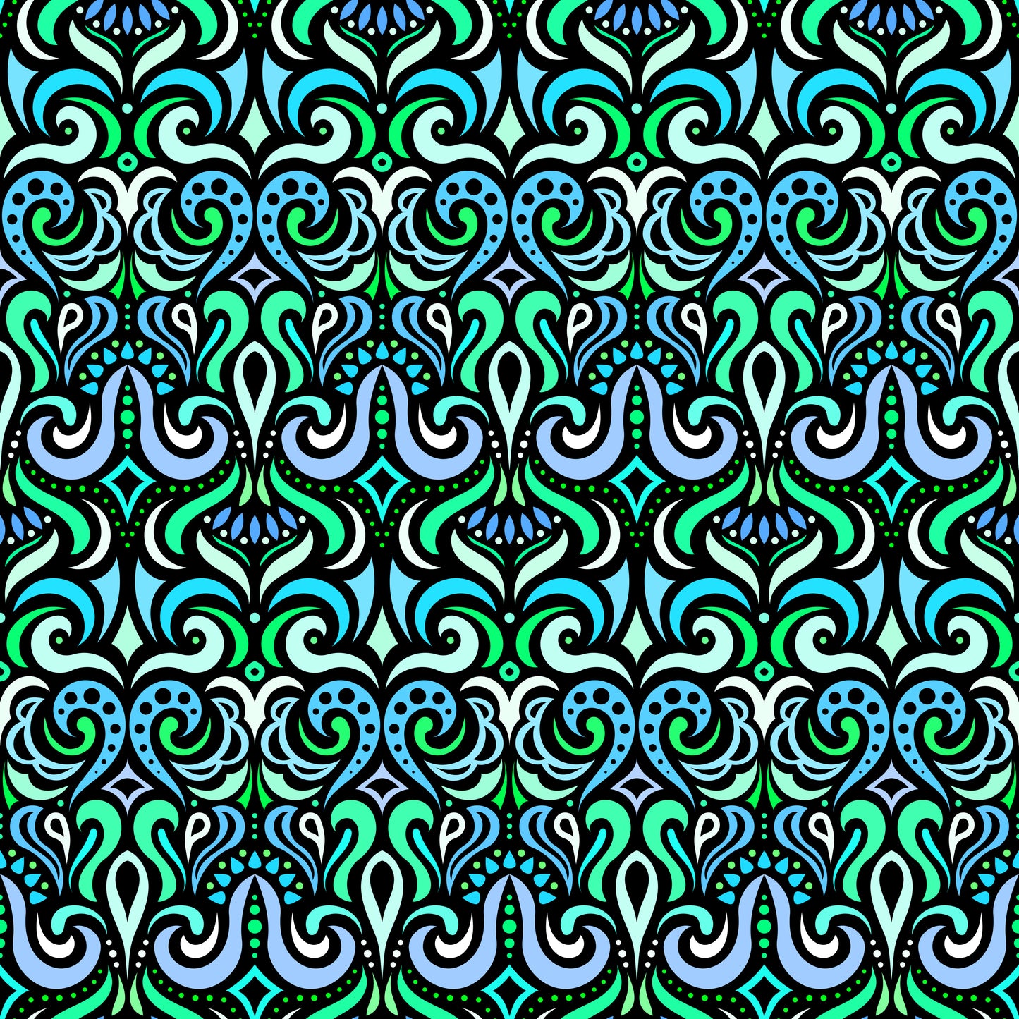 Blue - Turquoise - Green Abstract Doodle Fabric 1001