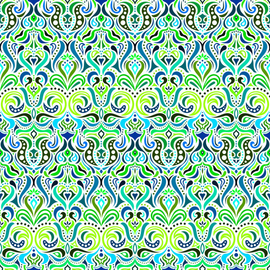 Green - Turquoise - Blue Abstract Doodle Fabric 1011.4i