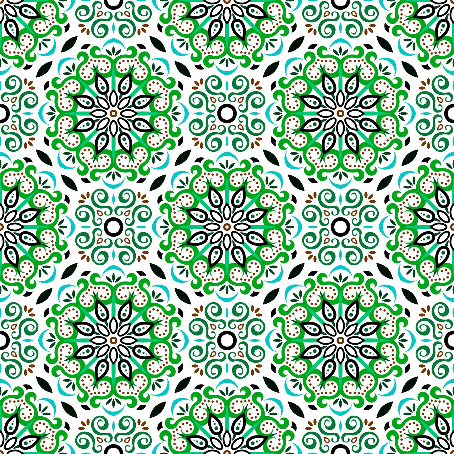 Green - Turquoise - Brown Mandala Fabric - 165i