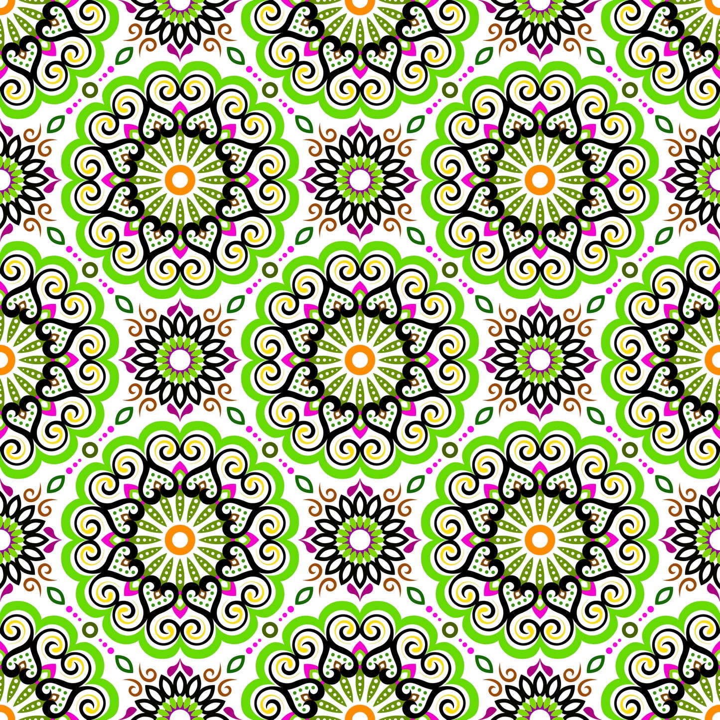 Green - Pink - Orange Mandala Fabric - 179i