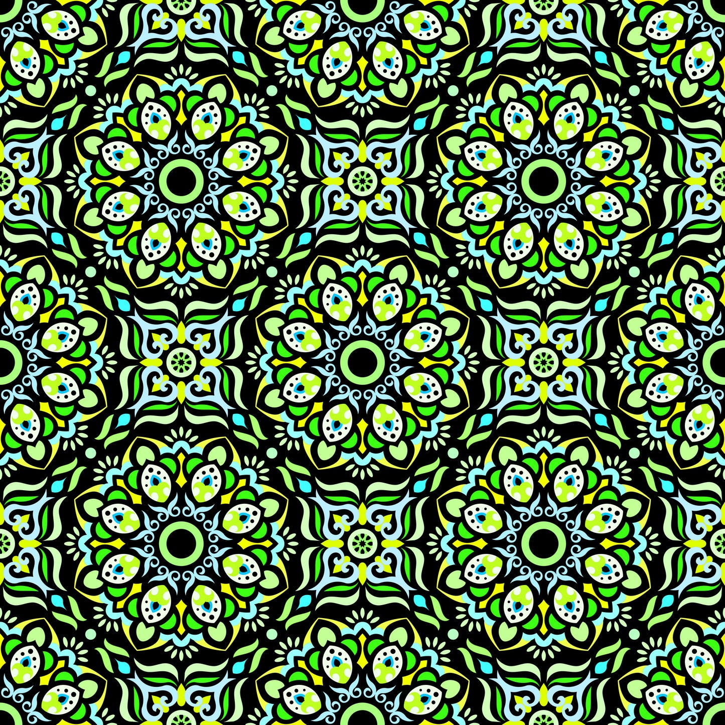 Green - Turquoise - Yellow Mandala Fabric - 186