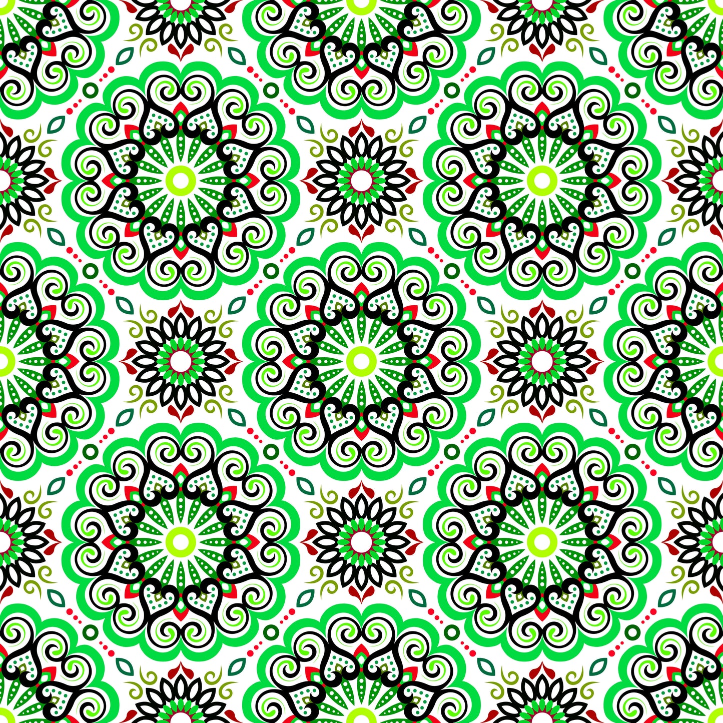 Green - Red Mandala Fabric - 179i