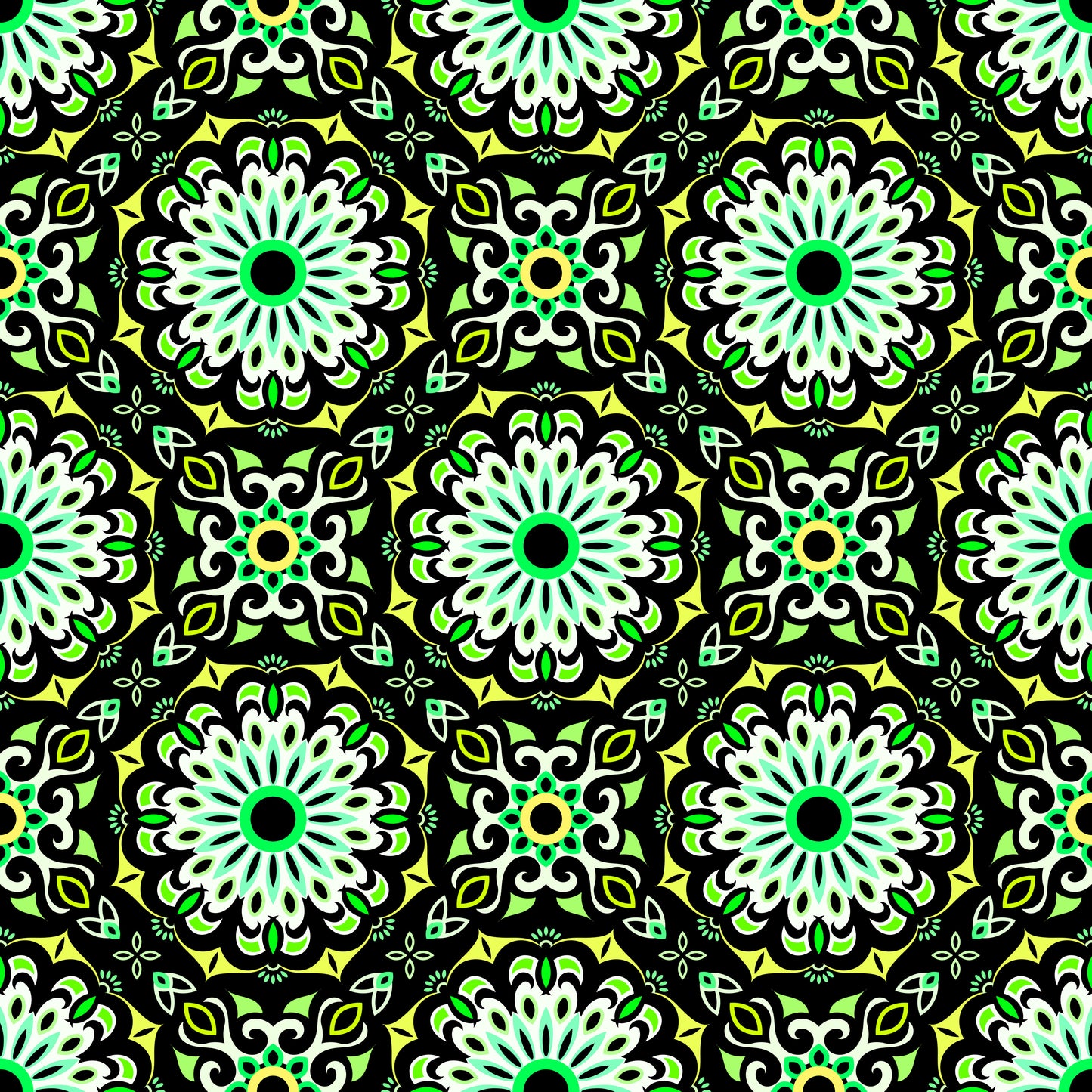 Green - Turquoise - Yellow Mandala Fabric - 198