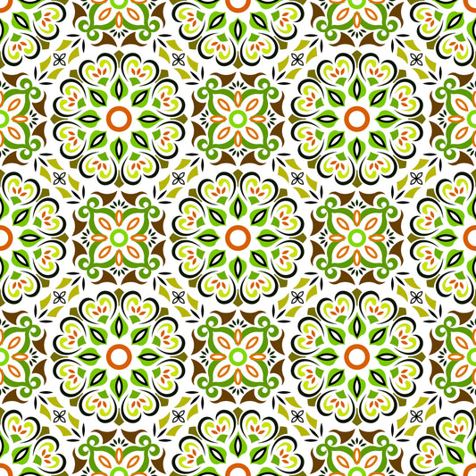 Green - Orange - Brown Mandala Fabric - 206i
