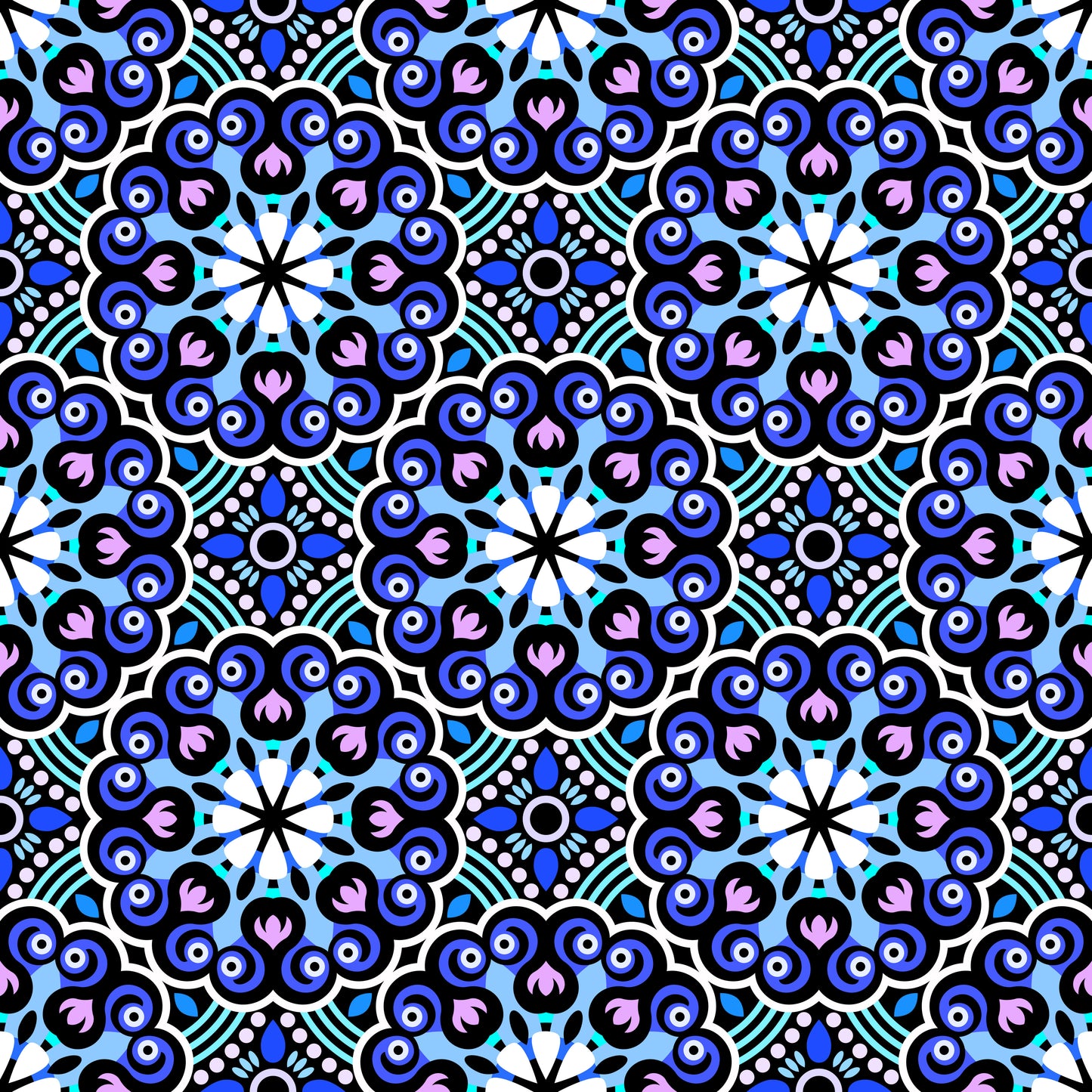 Blue - Purple - Turquoise Mandala Fabric - 132