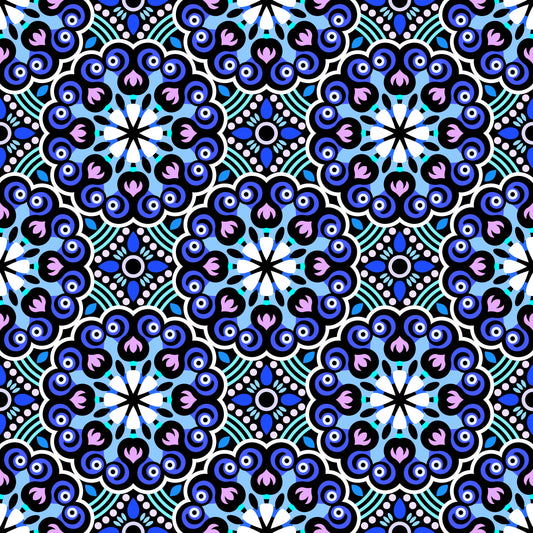 Blue - Purple - Turquoise Mandala Fabric - 132