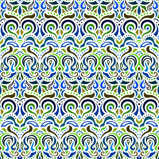Green - Blue - Brown Abstract Doodle Fabric 1007i