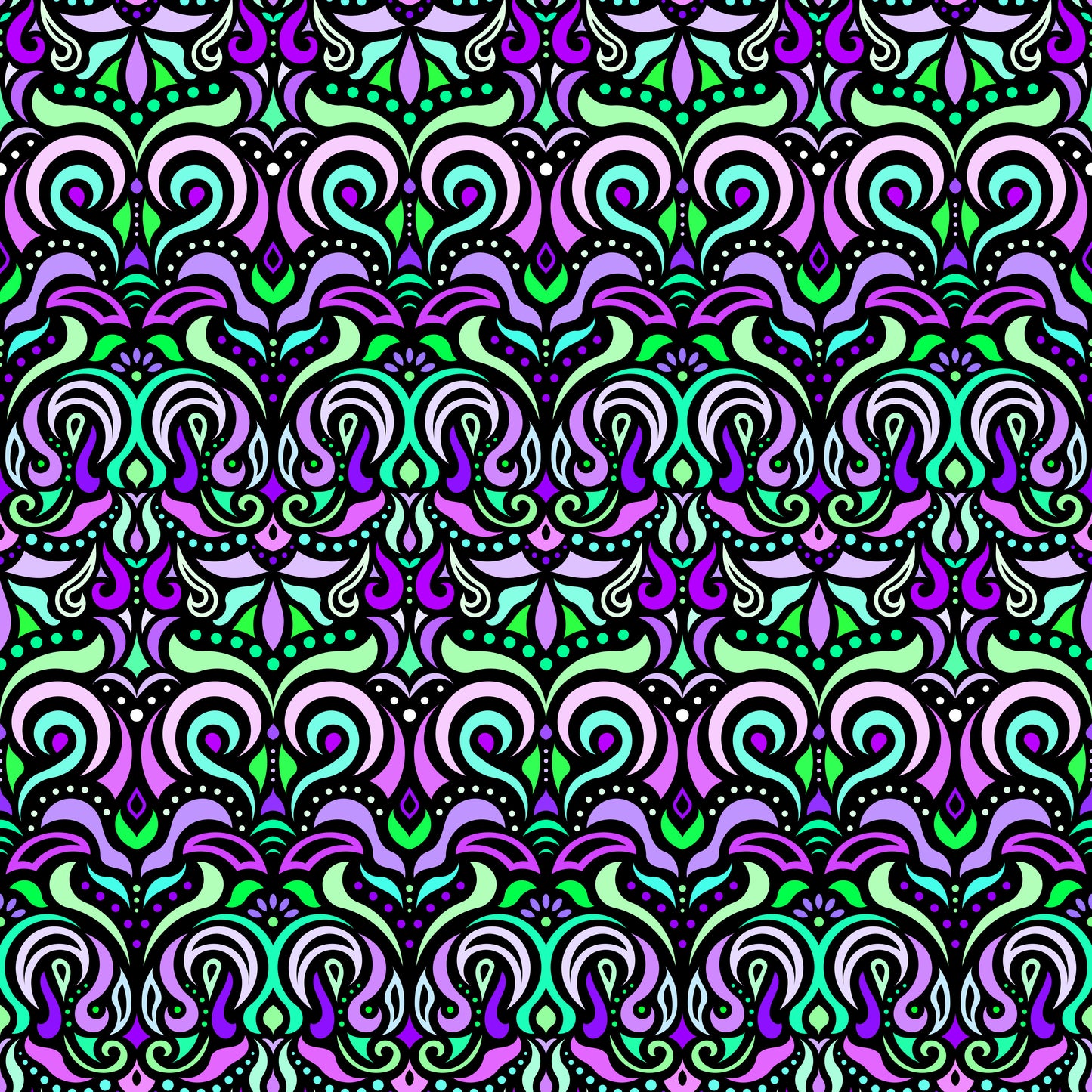 Green - Purple - Turquoise Abstract Doodle Fabric 1007